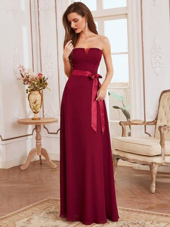 Romantic Strapless Knotted Waistband Long Bridesmaid Dress - Burgundy