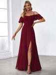 Chiffon Off-The-Shoulder Side Slit Bridesmaid Dress with sleeves – Burgundy