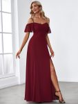 Chiffon Off-The-Shoulder Side Slit Bridesmaid Dress with sleeves – Burgundy