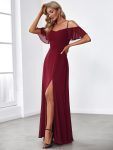 Chiffon Off-The-Shoulder Side Slit Bridesmaid Dress with sleeves – Burgundy