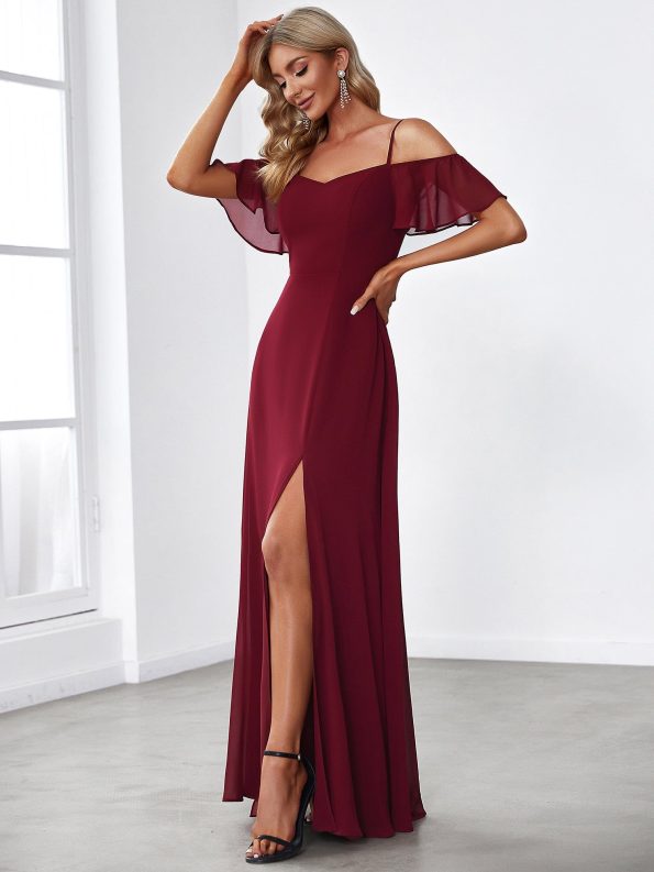 Chiffon Off-The-Shoulder Side Slit Bridesmaid Dress with sleeves - Burgundy