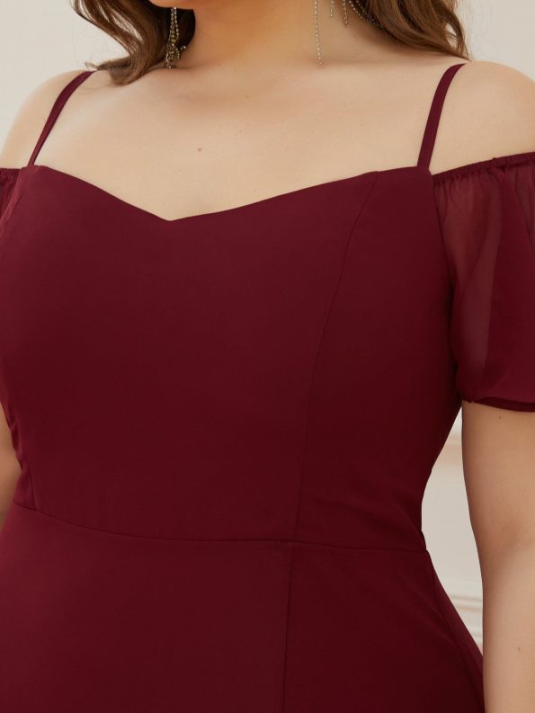 Chiffon Off-The-Shoulder Side Slit Bridesmaid Dress with sleeves - Burgundy