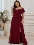 Chiffon Off-The-Shoulder Side Slit Bridesmaid Dress with sleeves – Burgundy