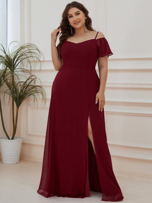 Chiffon Off-The-Shoulder Side Slit Bridesmaid Dress with sleeves - Burgundy