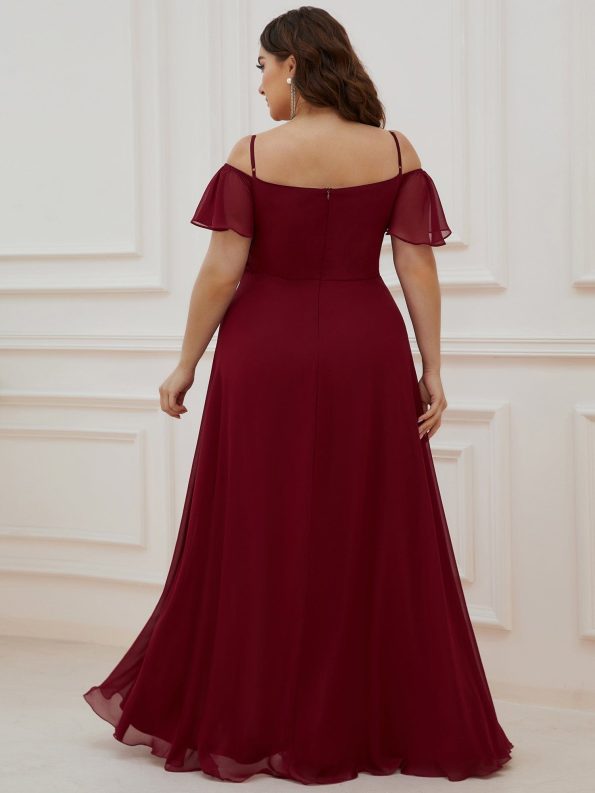 Chiffon Off-The-Shoulder Side Slit Bridesmaid Dress with sleeves - Burgundy