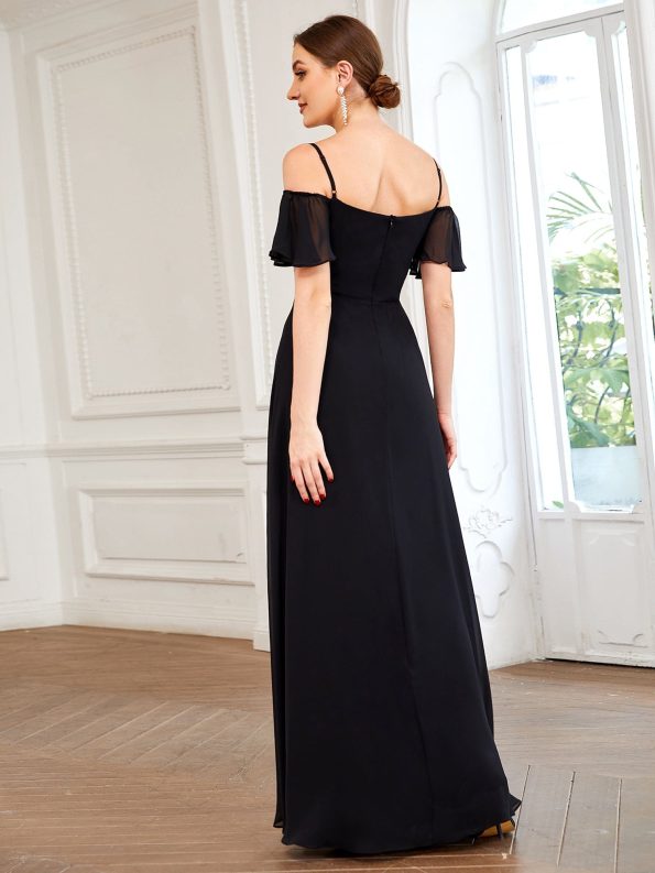 Chiffon Off-The-Shoulder Side Slit Bridesmaid Dress with sleeves - Black