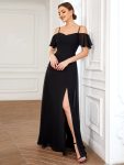 Chiffon Off-The-Shoulder Side Slit Bridesmaid Dress with sleeves – Black