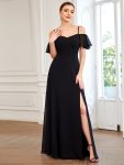 Chiffon Off-The-Shoulder Side Slit Bridesmaid Dress with sleeves - Black