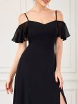 Chiffon Off-The-Shoulder Side Slit Bridesmaid Dress with sleeves – Black