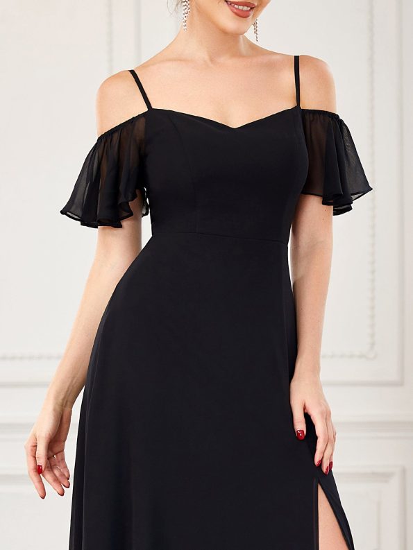 Chiffon Off-The-Shoulder Side Slit Bridesmaid Dress with sleeves - Black