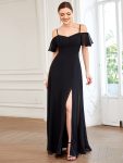 Chiffon Off-The-Shoulder Side Slit Bridesmaid Dress with sleeves – Black