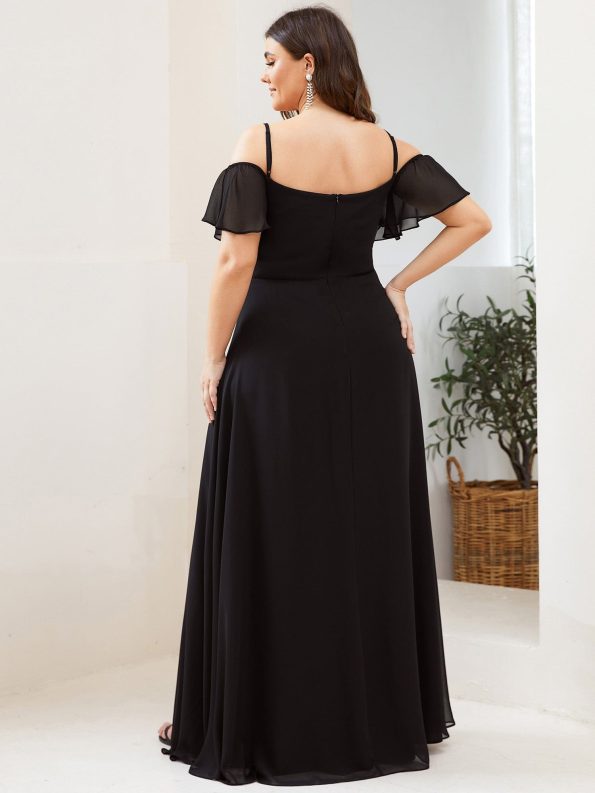 Chiffon Off-The-Shoulder Side Slit Bridesmaid Dress with sleeves - Black