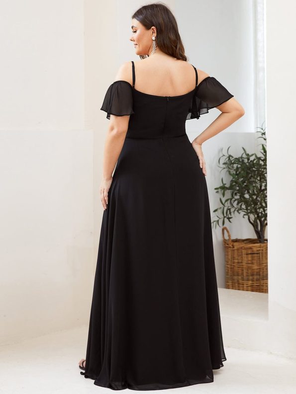 Flowy Cold Shoulder Flare Sleeves Bridesmaid Dress with Side Slit - Black