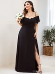 Flowy Cold Shoulder Flare Sleeves Bridesmaid Dress with Side Slit – Black