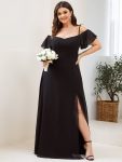 Flowy Cold Shoulder Flare Sleeves Bridesmaid Dress with Side Slit – Black