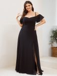 Flowy Cold Shoulder Flare Sleeves Bridesmaid Dress with Side Slit – Black