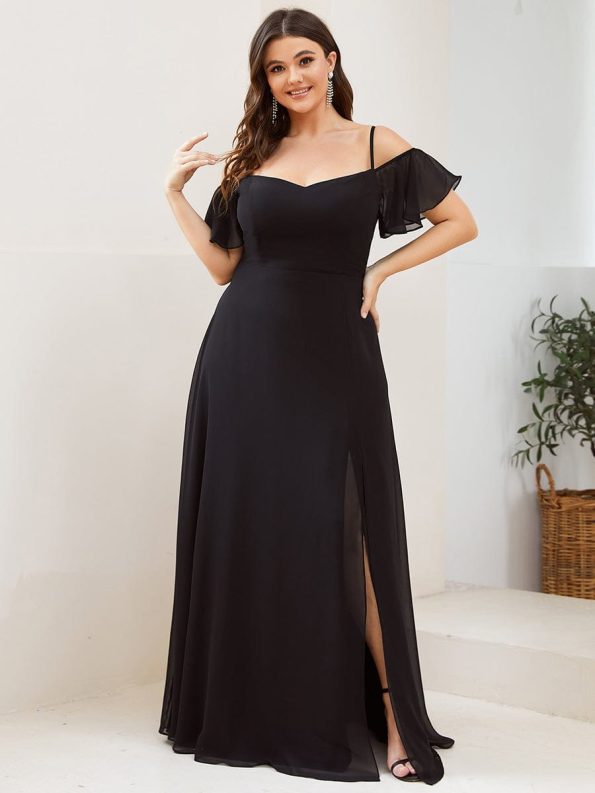 Flowy Cold Shoulder Flare Sleeves Bridesmaid Dress with Side Slit - Black