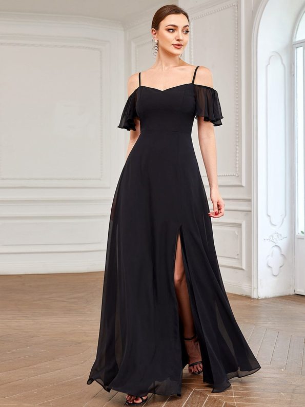 Flowy Cold Shoulder Flare Sleeves Bridesmaid Dress with Side Slit - Black