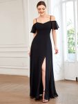 Flowy Cold Shoulder Flare Sleeves Bridesmaid Dress with Side Slit - Black