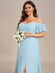 Flowy Cold Shoulder Flare Sleeves Bridesmaid Dress with Side Slit – Sky Blue