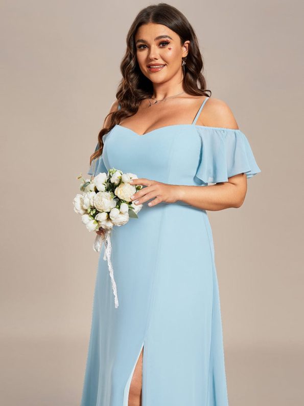 Flowy Cold Shoulder Flare Sleeves Bridesmaid Dress with Side Slit - Sky Blue