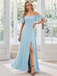 Flowy Cold Shoulder Flare Sleeves Bridesmaid Dress with Side Slit – Sky Blue