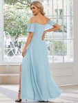 Flowy Cold Shoulder Flare Sleeves Bridesmaid Dress with Side Slit – Sky Blue