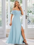 Flowy Cold Shoulder Flare Sleeves Bridesmaid Dress with Side Slit - Sky Blue