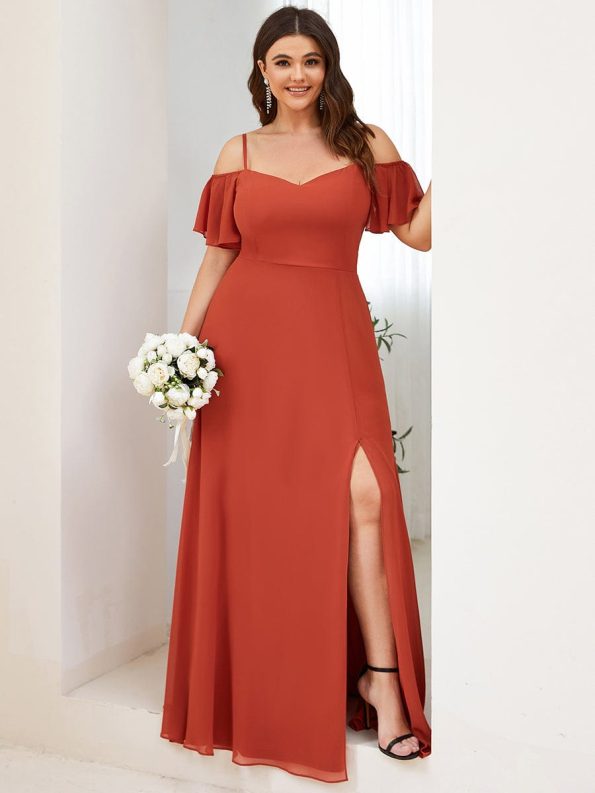 Stylish Cold Shoulder Flare Sleeves Flowy Bridesmaid Dress - Burnt Orange