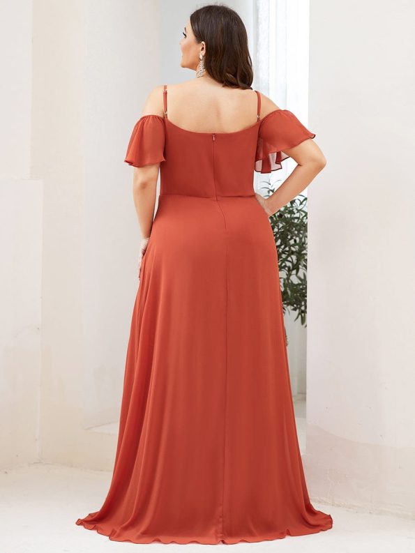 Stylish Cold Shoulder Flare Sleeves Flowy Bridesmaid Dress - Burnt Orange