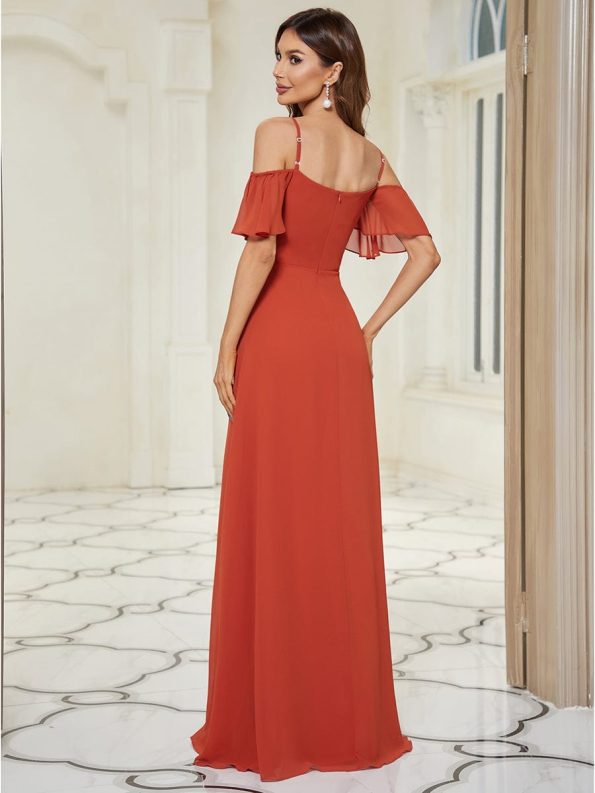 Stylish Cold Shoulder Flare Sleeves Flowy Bridesmaid Dress - Burnt Orange