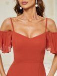 Stylish Cold Shoulder Flare Sleeves Flowy Bridesmaid Dress – Burnt Orange