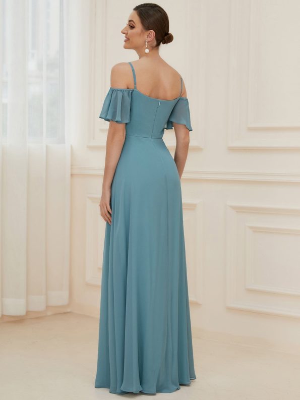 Chiffon Off-The-Shoulder Side Slit Bridesmaid Dress with sleeves - Dusty Blue