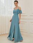 Chiffon Off-The-Shoulder Side Slit Bridesmaid Dress with sleeves – Dusty Blue