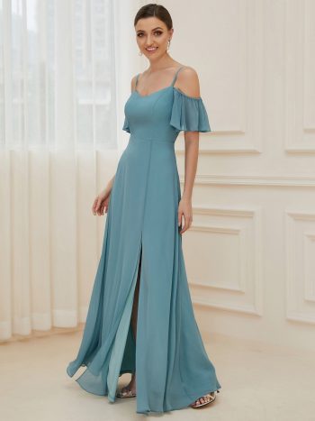 Chiffon Off-The-Shoulder Side Slit Bridesmaid Dress with sleeves - Dusty Blue