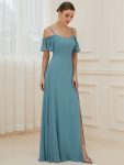 Chiffon Off-The-Shoulder Side Slit Bridesmaid Dress with sleeves – Dusty Blue