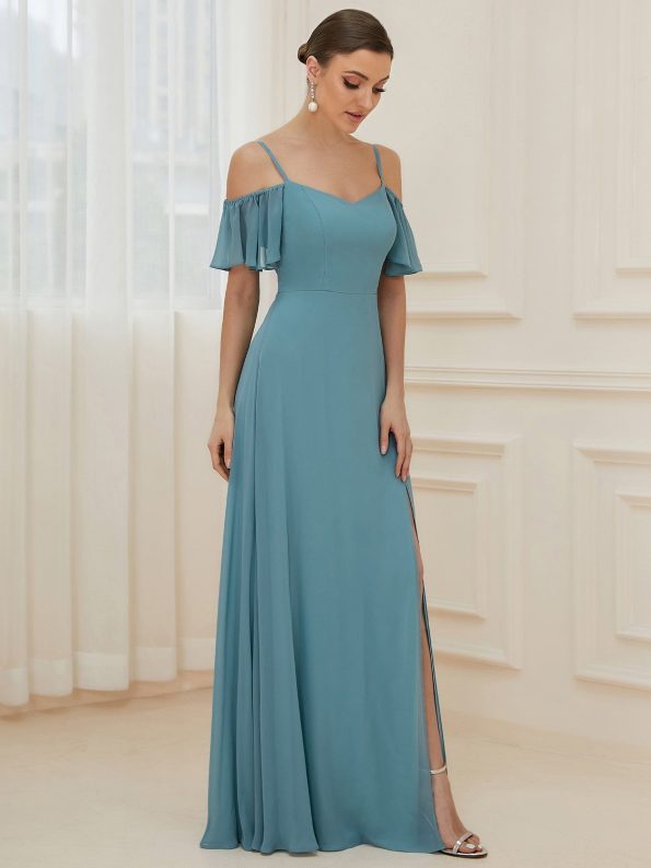 Chiffon Off-The-Shoulder Side Slit Bridesmaid Dress with sleeves - Dusty Blue