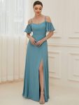 Chiffon Off-The-Shoulder Side Slit Bridesmaid Dress with sleeves – Dusty Blue