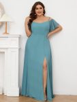 Chiffon Off-The-Shoulder Side Slit Bridesmaid Dress with sleeves – Dusty Blue