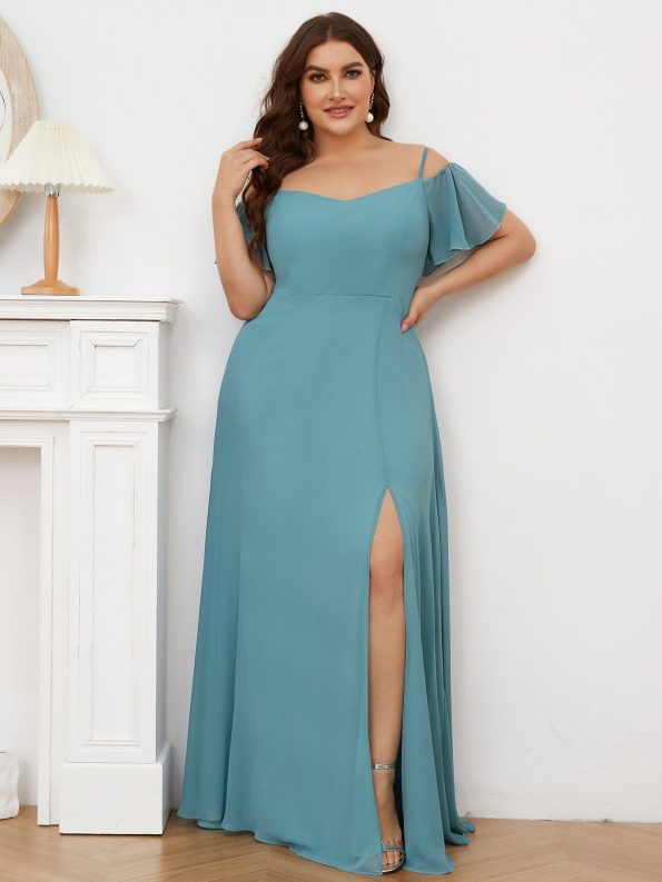 Chiffon Off-The-Shoulder Side Slit Bridesmaid Dress with sleeves - Dusty Blue