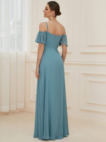 Stylish Cold Shoulder Flare Sleeves Flowy Bridesmaid Dress - Dusty Blue