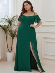 Flowy Cold Shoulder Flare Sleeves Bridesmaid Dress with Side Slit – Dark Green