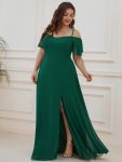 Flowy Cold Shoulder Flare Sleeves Bridesmaid Dress with Side Slit – Dark Green