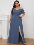 Chiffon Off-The-Shoulder Side Slit Bridesmaid Dress with sleeves – Dusty Navy