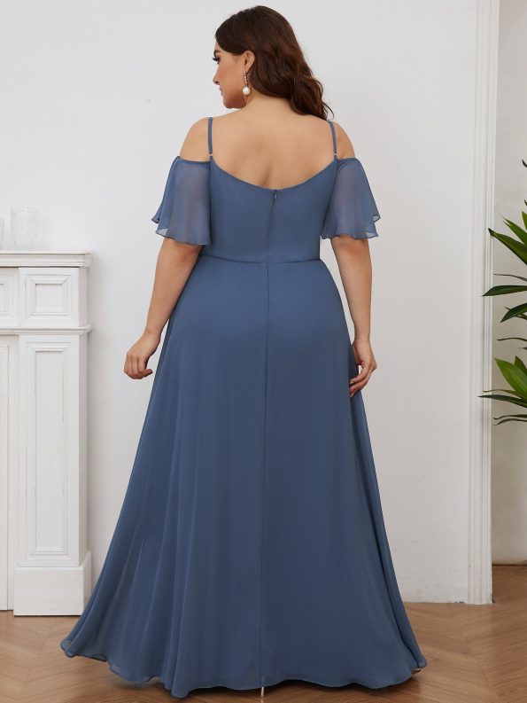 Chiffon Off-The-Shoulder Side Slit Bridesmaid Dress with sleeves - Dusty Navy