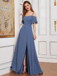 Stylish Cold Shoulder Flare Sleeves Flowy Bridesmaid Dress - Dusty Navy