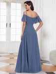 Chiffon Off-The-Shoulder Side Slit Bridesmaid Dress with sleeves – Dusty Navy