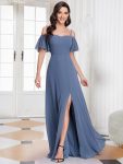 Chiffon Off-The-Shoulder Side Slit Bridesmaid Dress with sleeves – Dusty Navy