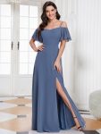 Chiffon Off-The-Shoulder Side Slit Bridesmaid Dress with sleeves – Dusty Navy