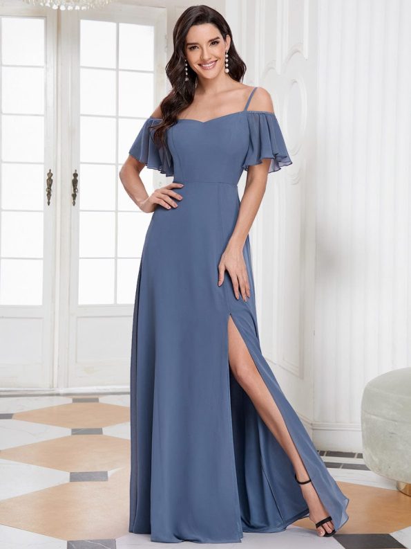 Chiffon Off-The-Shoulder Side Slit Bridesmaid Dress with sleeves - Dusty Navy